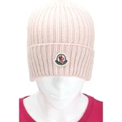 MONCLER 兒童 品牌徽章補丁反摺粗針織羊毛帽(粉紅色/大人可用)