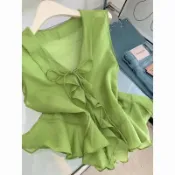 會琴服飾 韓版 ins風|清新減齡綠色 V 領綁帶無袖背心女夏輕薄荷葉收腰顯瘦短款小襯衣