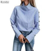 ZANZEA 女式複古時尚通勤高領長袖側扣裝飾條紋襯衫