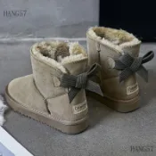 HANG57新款蝴蝶結真皮雪地靴女短筒冬季刷毛保暖短靴子學生防滑棉鞋