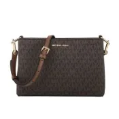 MICHAEL KORS 金字滿版MK PVC皮革三層斜背包(深咖)