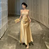 法式聚會派對性感金色吊帶長裙顯瘦蕾絲佩妮姐無袖中長款A字洋裝