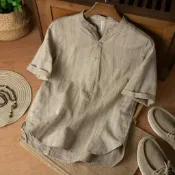 MIT 麻紗短袖上衣 男裝棉麻襯衫 阿公涼感汗衫 男士薄款襯衣 苧麻上衣男寬鬆夏季新款國風T恤水洗扎染復古襯衫套頭薄半袖