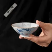 臺灣出貨 陶瓷復古手繪茶杯主人杯功夫茶具竹韻斗笠杯小號中式草木灰品茗杯