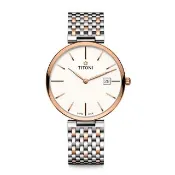 【TITONI 梅花錶】纖薄系列機械錶 白面/玫瑰金半金鋼帶 39mm(82718 SRG-606)