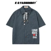 【K-2】LOVE MAFA 字母印花 變形蟲領巾 條紋襯衫 短袖襯衫 穿搭 寬鬆落肩 中性 街頭 潮流【NMC993】