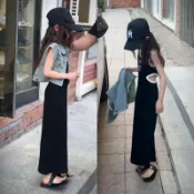 【五折促銷】韓版童裝 女童洋裝套裝 夏季套裝新款女大童牛仔馬甲兒童夏天露背吊帶長裙兩件套潮 正韓童裝5