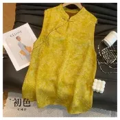 【初色】中式國風立領斜襟緹花無袖中長改良式旗袍襯衫上衣女上衣-黃色-14231(M-3XL可選)