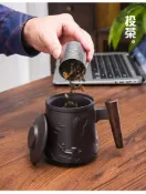 宜百家 泡茶杯茶水分離馬克陶瓷杯 紫砂茶杯浮雕個性茶水分離泡茶杯辦公室三件套個人茶道杯馬克水杯