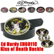 賠售【美國Levis專賣】優惠ED HARDY 巨鑽 死亡之吻 刺青 日本 藝妓 銀金屬圓盾 白 超閃水鑽 皮帶頭