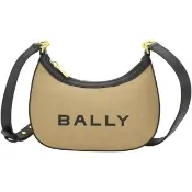 【BALLY】Bar Mini 帆布拼牛皮彎月肩 斜背半月包-棕色