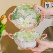 臺灣出貨📦網紅高顔值碗卡通可愛陶瓷碗帶耳家用螺螄粉甜品碗學生宿捨泡麵碗