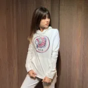 美國百分百【Abercrombie & Fitch】連帽長袖T恤 AF 帽T 麋鹿 logo 上衣 女 白色 B768