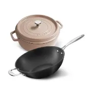 【STAUB】亞麻色圓形琺瑯鑄鐵鍋淺鍋26cm＋FORTE炒鍋30cm(德國雙人牌集團官方直營)