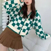 【ONEY 歐妮】★棋盤格V領開衫時尚毛衣外套(女上衣/長袖/保暖)