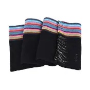 【Paul Smith】PAUL SMITH刺繡咖啡字LOGO羊毛彩色飾邊條紋圍巾(黑x彩條紋)