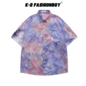【K-2】春彩 渲染 樹葉 滿版 刺繡 口袋襯衫 短袖襯衫 穿搭 男女不拘 寬鬆落肩 海邊 衝浪 春夏【N5773】