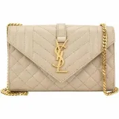 【YSL】Saint Laurent MONOGRAM 小款 車縫小牛皮鍊帶信封包(深米色 肩背包 斜包 鍊包)