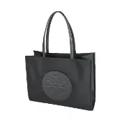 【TORY BURCH】TORY BURCH Ella圓形皮革LOGO再生尼龍磁釦式肩背/手提托特包(小/黑)