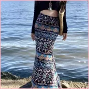 【高腰半身裙】泰式波西米亞印花長裙 度假風修身包臀裙 魚尾裙擺 海邊穿搭 顯瘦氣質 雲南西雙版納民族風