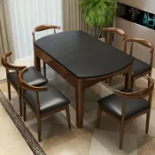 連盛 火燒石餐桌椅組合現代簡約可伸縮圓臺吃飯桌子實木餐桌家用小戶型