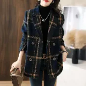 (店+)【ROCU 若初】復古風格紋西裝領毛呢大衣女外套-藏青色-38634M-2XL可選