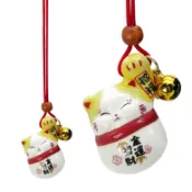 【金石工坊】波士桃花貓 金運招財小鈴鐺 黃 全瓷 招財貓 風鈴 掛飾