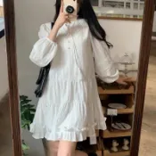 浪漫甜白流蘇抽繩花邊小白裙木耳邊大擺寬鬆洋裝短款度假洋裝