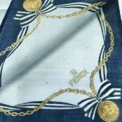 Fendi 古董手帕 深藍鍊條與緞帶 金色圓點 18 x 18 英吋