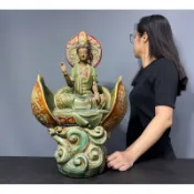 阿一藝品 早期廣東 石灣陶【蓮花坐姿觀音】觀音大士 名師手製 有落款 值得收藏 居家裝飾 石灣陶擺件