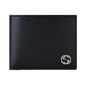 GUCCI 古馳  銀字雙G LOGO內裡撞色牛皮6卡對折短夾 (黑x藍)