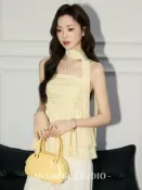 喜挖2店 羋小可黃色掛脖平口細肩帶背心女夏季絕美外穿甜辣漂亮無袖小上衣