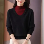 愛依依 秋冬上衣 針織衫 毛衣 打底內搭衫  秋冬時尚洋氣半高領拼接假兩件毛衣-9365.