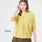 【Qiruo 奇若名品】專櫃精品芥末黃色造型襯衫小傘狀上衣(胸前V領造型精緻浪漫寬鬆舒適款1210A)