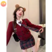 制服 聖誕韓國制服 JK制服套装  大尺碼秋冬甜辣風學院風套装 韓系制服JK裙 針織開衫背心長袖襯衫格子百褶裙 红色套装