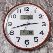 台灣現貨【現貨快速出貨】15吋38公分大尺寸客廳圓形大掛鐘日曆日期溫度溼度同時顯示雙高清液晶屏大壁鐘超靜音時鐘木紋金色大