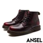 【ANSEL】真皮馬丁靴粗跟馬丁靴/真皮經典6孔繫帶百搭復古馬丁靴-男鞋  酒紅