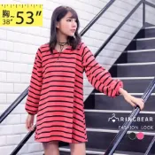 (店+)【眼圈熊】輕甜可愛前後V領內磨毛縮口澎袖傘狀橫條紋長上衣/洋裝(黑.紅XL-5L) 眼圈熊 中大尺碼 A239