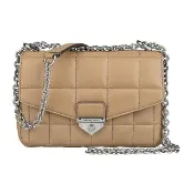 【Michael Kors】MK MICHAEL KORS SOHO銀字LOGO格紋小羊皮翻蓋扣式鏈帶肩背斜背方包(小/駝)