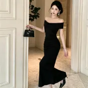 法式聚會派對性感抹胸長裙女裝顯瘦彈性一字領無袖露背中長款魚尾洋裝