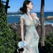 新中式連身裙女名媛氣質國風印花改良旗袍性感收腰網紗包臀魚尾裙