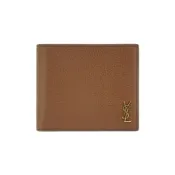 YSL 金Logo粒面牛皮品牌八卡對開男短夾(607727-摩卡色)