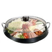 (店+)【新錸家居】限時特價★韓國式麥飯石多功能圓形不沾烤盤附玻璃蓋(多爐具適用電磁爐瓦斯爐/部隊火鍋壽喜燒)