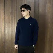 美國百分百【全新真品】Lacoste 針織毛衣 小V領 男款 鱷魚 休閒 厚針織 長袖上衣 logo 深藍 DB08