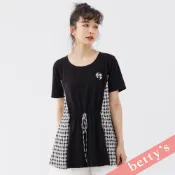betty’s貝蒂思(31)特色格紋拼接腰間綁帶長版T-shirt(黑色)