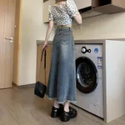 復古牛仔半身裙女2025年春季新款高腰小個子顯瘦毛邊中長款魚尾裙