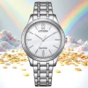 CITIZEN 星辰 光動能大三針時尚女錶-銀x白/34mm 手錶(EM0411-71A)