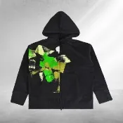 【Y-3 山本耀司】Y-3 黑字母LOGO綠色系刷漆立體感純棉束繩連帽長袖外套(黑)