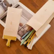 真皮 牛皮紙袋造型質感筆袋 附金色夾扣