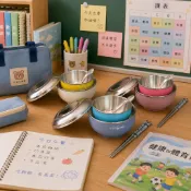 寶石牌國中小學便當盒餐具四件組隔熱碗14cm附蓋+兒童碗+湯匙+筷子
